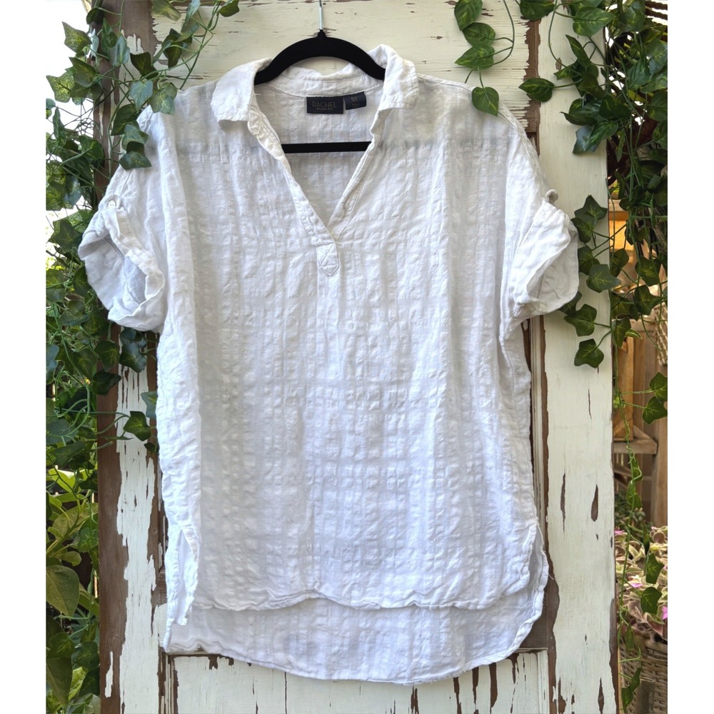 Rachel Rachel Roy White Linen Cotton Textured Short Sleeve Blouse Size Small